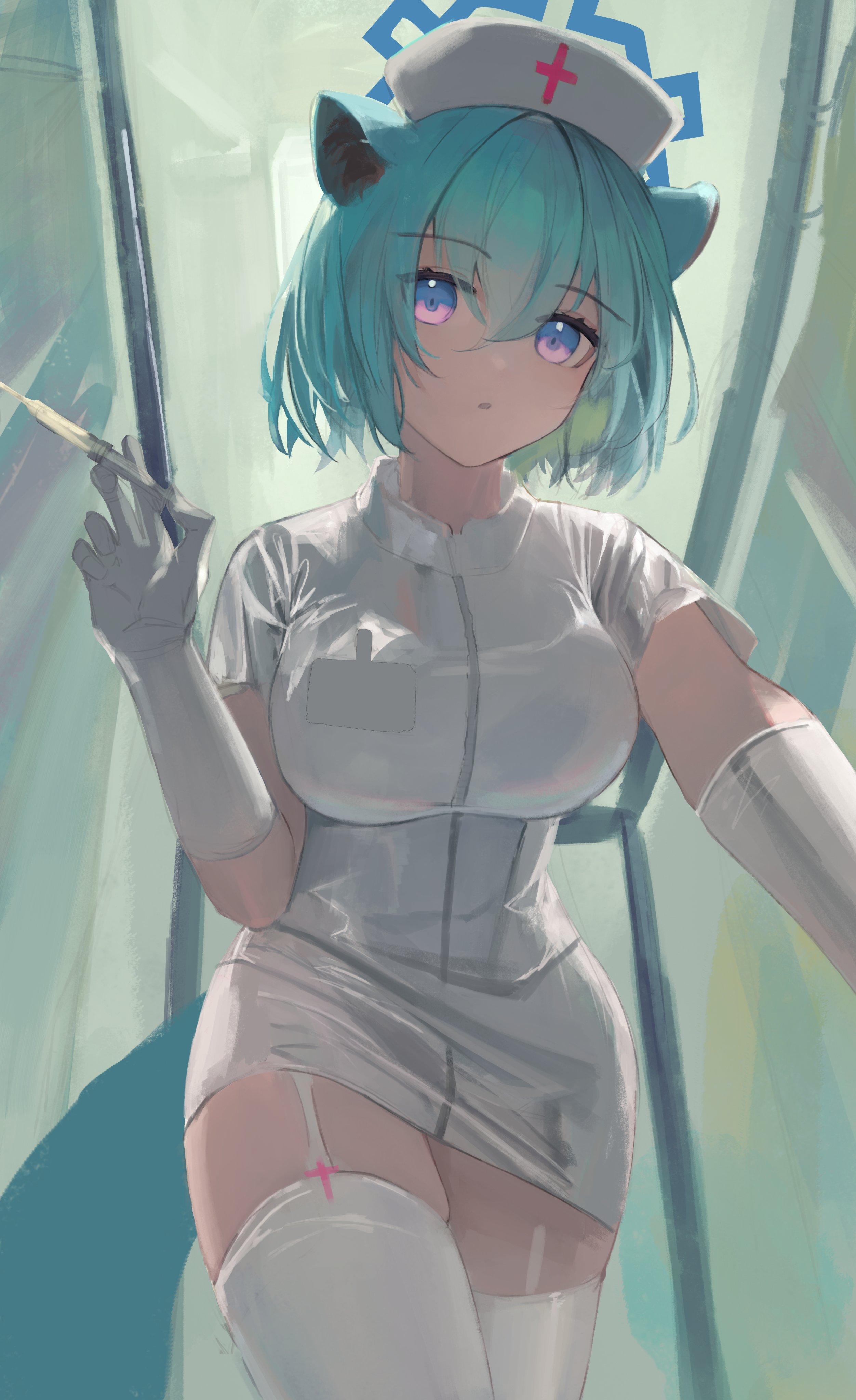 the image is a digital painting or illustration of an animestyle female character dressed as a nurse. she has short, tealcolored hair, cat ears, and is wearing a white nurse's uniform that includes a short dress and stockings. she's holding a syringe, and is shown from a slightly high angle,  giving a perspective that emphasizes her figure. the overall style is soft and pastel, with a blend of cute and slightly suggestive elements.  the background is blurry and suggests a hospital or medical setting.