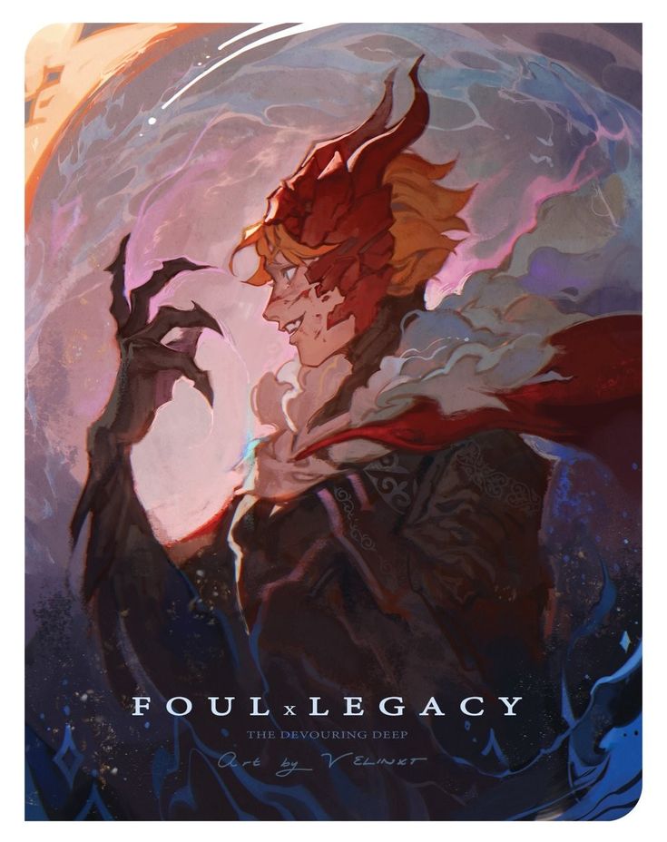 the image is a digital painting of a fantasy character, possibly a male, with red dragonlike horns and a partial red dragon visage on his face. he has blond hair partially visible underneath the horns and a smirk on his face. he wears a dark, elaborate cloak with hints of red, giving off a regal or powerful aura. the background is a swirling nebula or cosmic scene with purples, blues and whites giving off a mystical feel. one of his hands shows a clawed, dark appearance, hinting at magical or dark powers.  the title "foul x legacy: the devouring deep" and the artist's signature "art by velinxt" are prominently displayed at the bottom of the image. the overall style is dramatic, atmospheric, and evocative of high fantasy.