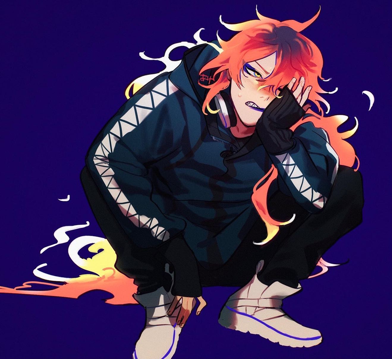 a digital illustration of a young anime male character with long red hair, wearing a black and blue hoodie with white details. he is sitting down with his right hand on his face and is surrounded by a fiery aura. the background is a dark blue.
