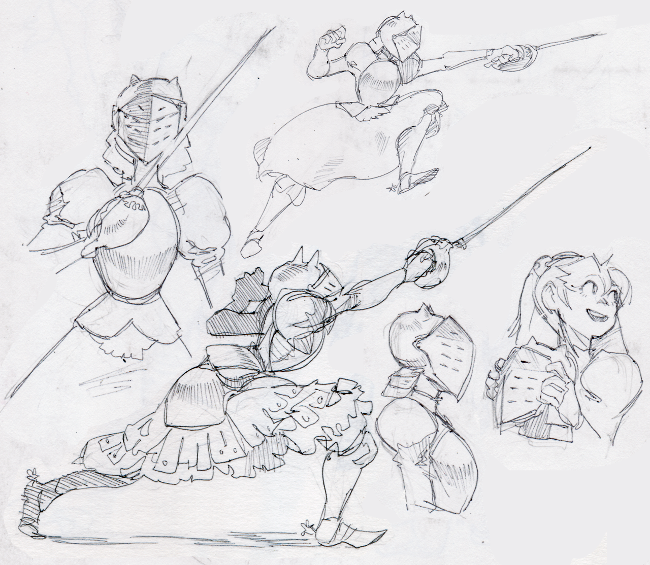a sketch of four anime/manga style female characters, each wearing a knight's armor, with swords, and in various combat poses.