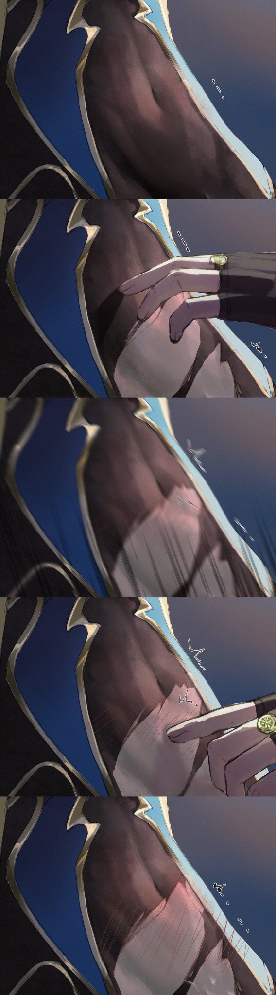 he image is a series of four closeup digital illustrations depicting a man's torso.  the man is wearing a darkcolored outfit with blue and gold accents, and the focus is on his muscular upper body.  a second hand is shown gently touching or caressing his torso across the four images, creating a suggestive and intimate atmosphere. the style is reminiscent of anime or manga fanart, with a soft, painterly quality to the shading and textures. the images appear to be sequential, possibly frames from an animation or a stylistic representation of a progressive action.
