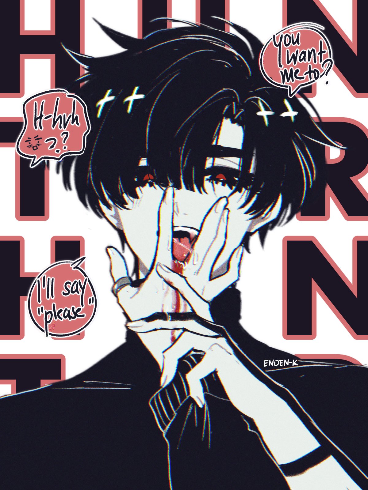 a digital illustration of an anime boy with black hair and red eyes standing in front of a black and red background. he has a large, dripping tongue and is wearing a black jacket. he is looking down with a blush on his face. there are speech bubbles around him that say "you want me to?" "i'll say please" and "hhvh 話??".