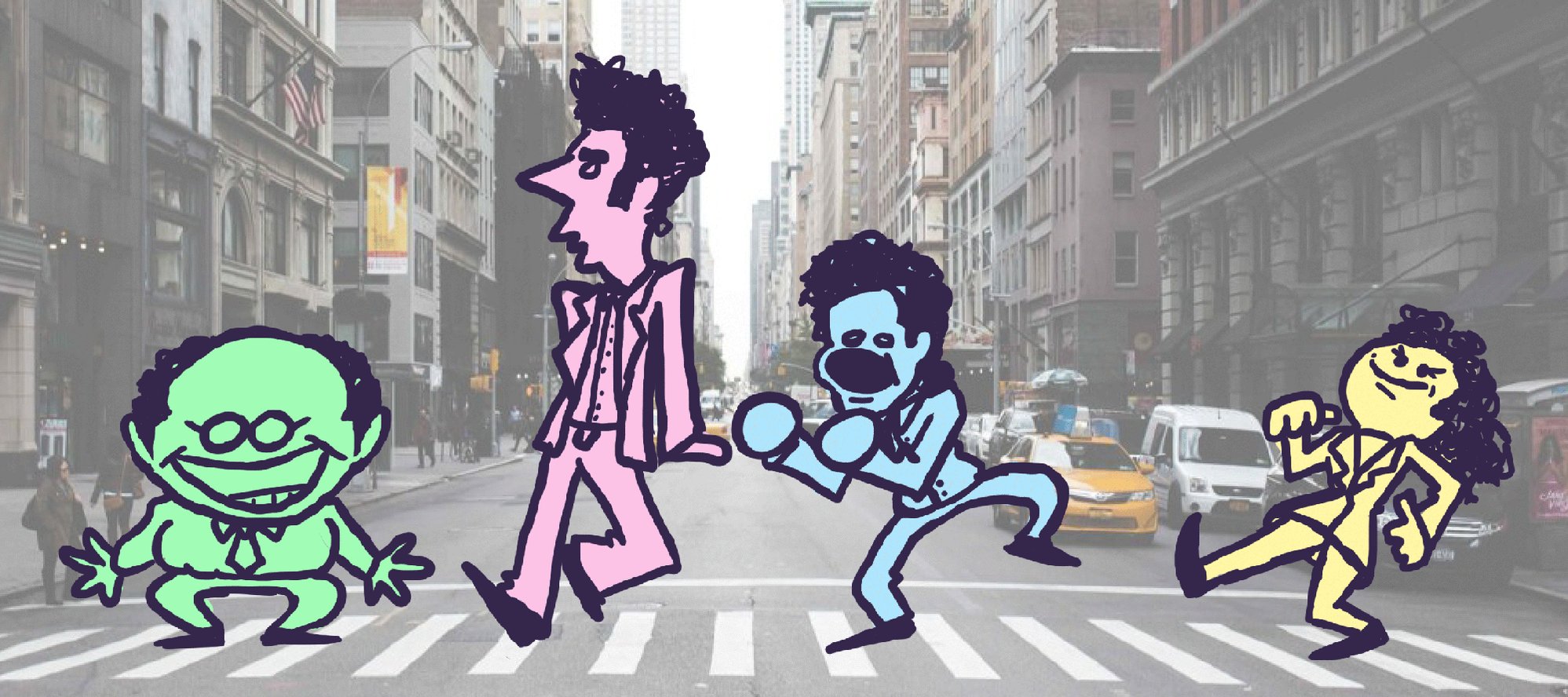 the image is a cartoon drawing of four muppetlike characters walking across a crosswalk in a city. the characters are all different colors and are wearing different clothes. the character on the far left is green and is wearing a green suit. the character next to him is pink and is wearing a pink suit. the character next to him is blue and is wearing a blue suit. the character on the far right is yellow and is wearing a yellow suit. the characters are all smiling and appear to be happy. the background of the image is a city street with buildings and cars. the image is drawn in a cartoon style and is brightly colored.