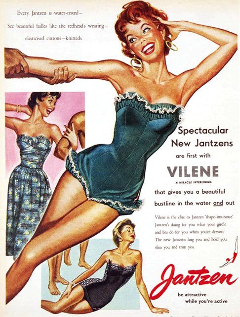 this is a vintage 1950s advertisement for jantzen swimsuits. the ad features three women wearing jantzen swimsuits. the main model is wearing a blue and white jantzen swimsuit and is standing with her arm raised above her head. the ad highlights the jantzen "shapeinsurance" technology, which is said to give women a beautiful bustline. the ad also emphasizes the jantzen's watertested fabric and the fact that the swimsuits are attractive and comfortable for active wear.