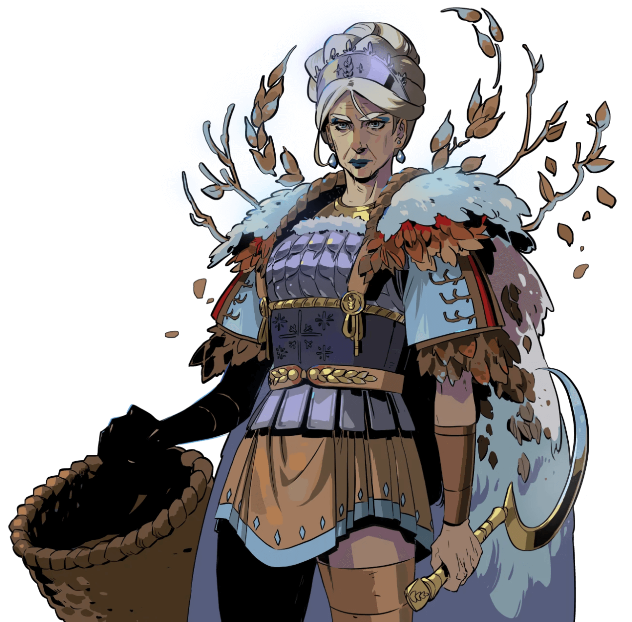 this illustration depicts a regal and powerful woman, likely a queen, adorned in a winterthemed cloak. she wears a crown and has a stern expression on her face. her cloak is adorned with branches and leaves, perhaps symbolizing her connection to nature or a winter season. she holds a basket and a sickle, which suggest she is a warrior or a leader. the illustration is drawn in a fantasy style, with vibrant colors and detailed elements.