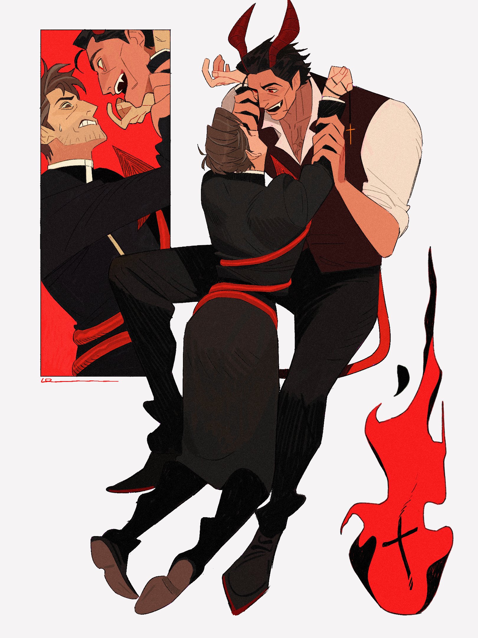 an illustration of two men in a fiery embrace. one of them is a devil with red horns and a red tail, while the other is a priest with a black cross on his chest. they are both dressed in black and red, and the devil has his arms wrapped around the priest. the background is a fiery red and black.