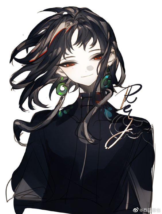 the image is a digital illustration of a young man with black hair and red eyes. he is wearing a black chinesestyle outfit with green jade earrings. the background is white and the lighting is soft, creating a gentle and mysterious atmosphere.