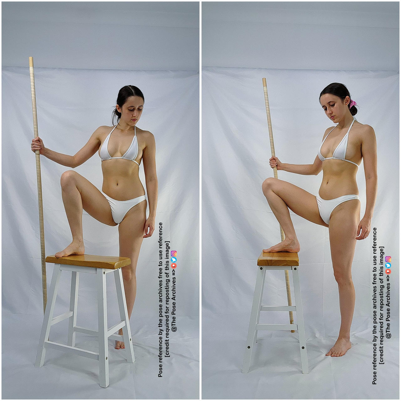 a woman in a white bikini is posing for the camera. she is standing with one leg on a stool and holding a pole in her hand. the background is white. this image is a pose reference.