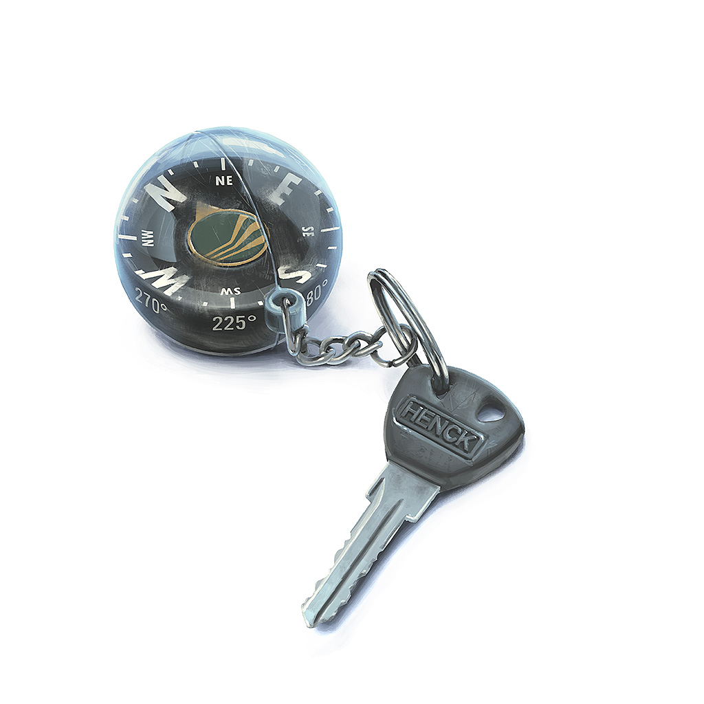 a silver key with a black plastic key fob and a small, round compass attached to it. the compass is plastic and transparent, with a black and white face. it is isolated on a white background.