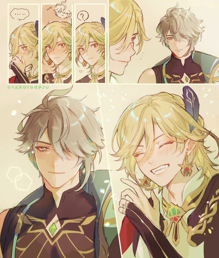 this is a digital illustration of two anime boys, albedo and xiao, from the game genshin impact. they are both smiling and blushing, suggesting that they are in a romantic relationship. they are both wearing elaborate outfits with gold and green accents. they are both surrounded by a sparkling background, creating a romantic and dreamy mood.  the illustration is high quality and welldrawn.