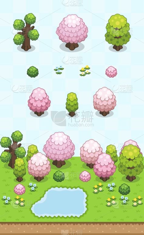 a topdown view of a grassy area with several trees in bloom, a few green trees, a small pond, and various flowers and bushes. the art style is that of a 2d pixel art game asset sheet.