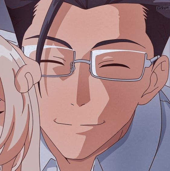 a closeup illustration shows the profile of a smiling man with dark hair and glasses being embraced by a woman with light hair. the style is reminiscent of anime or manga. the man's eyes are closed, suggesting a feeling of contentment and love. the color palette is soft and warm, further emphasizing the tenderness of the moment.