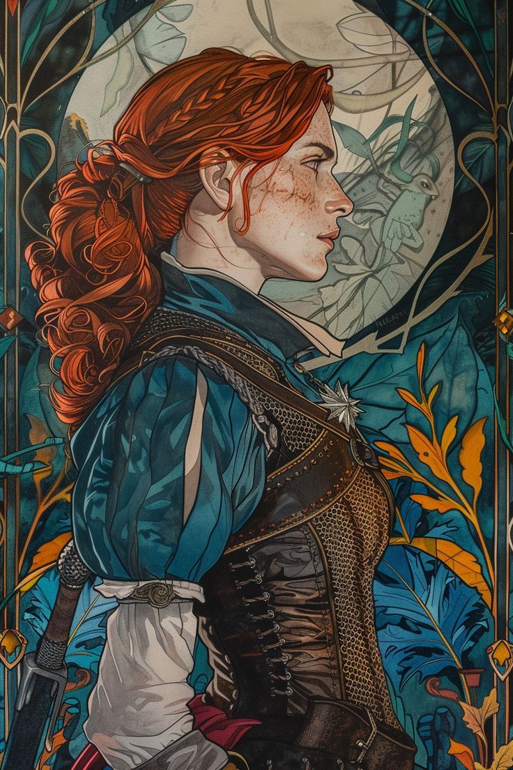 a digital art illustration depicting a woman in a blue dress with red hair. she is standing in profile and staring off into the distance. the background is a blur of blue and green colors and features foliage.  the woman is wearing a leather vest with metal plates and a silver wolf pendant around her neck. this image may be a depiction of ciri from the video game series "the witcher".