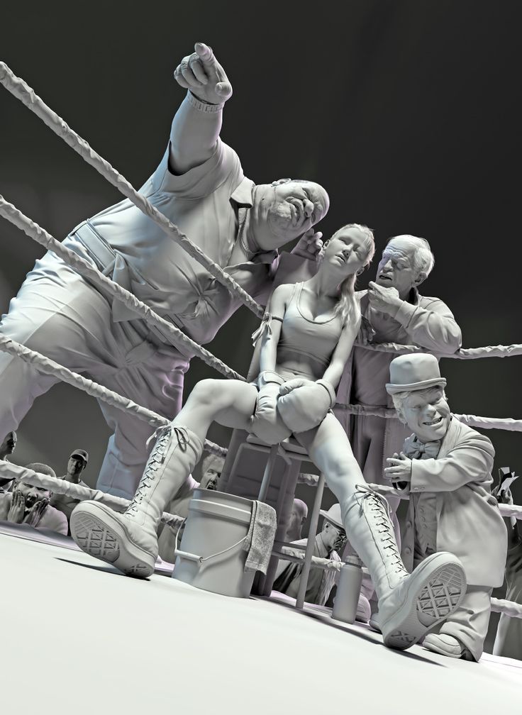 a grayscale rendition of a 3d model depicting a boxing scene. the focus is on a female boxer seated in her corner, attended by a referee and a cornerman.  the exaggerated features and poses of the figures, particularly the referee and the ring girl in the background, lend a caricaturelike quality to the scene.