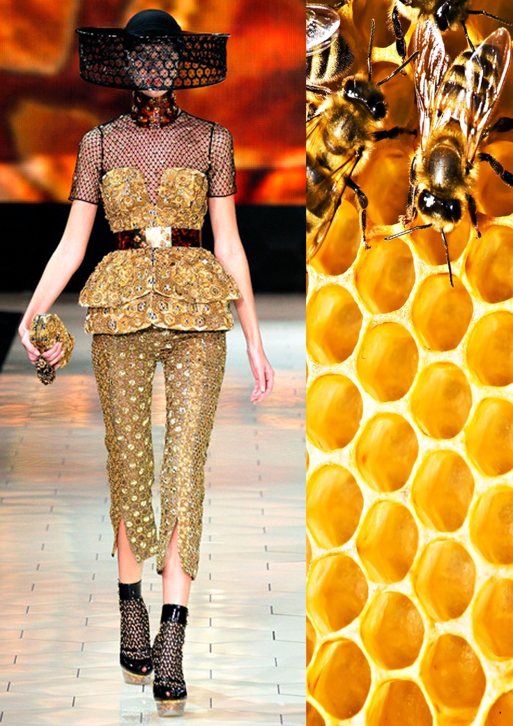 a model walks the runway wearing a golden beethemed outfit. the dress is a goldcolored, honeycombpatterned skirt and top with a black net top. the model is wearing black boots, and a black hat. the image is split, with the model on the left side and a closeup of honeycomb with bees on the right.