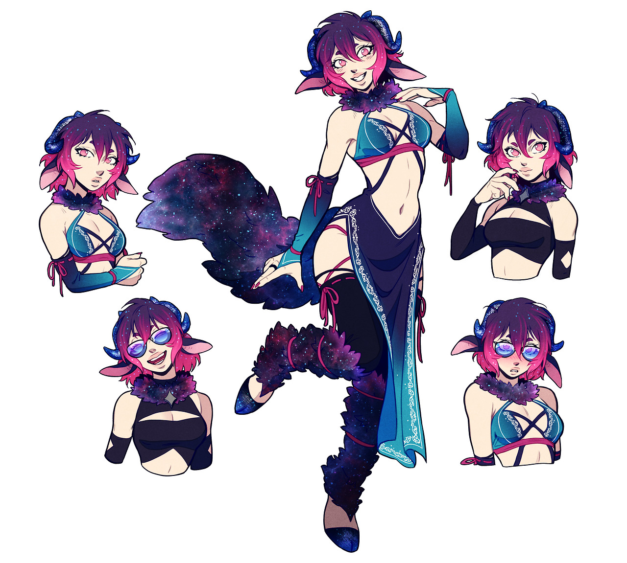 a digital character design of a female demon or fantasy character with galaxypatterned fur, horns, and a playful pose. she is wearing a twopiece outfit with thighhigh boots, and her expression is mischievous and confident. the character sheet showcases her design from multiple angles and with various expressions.
