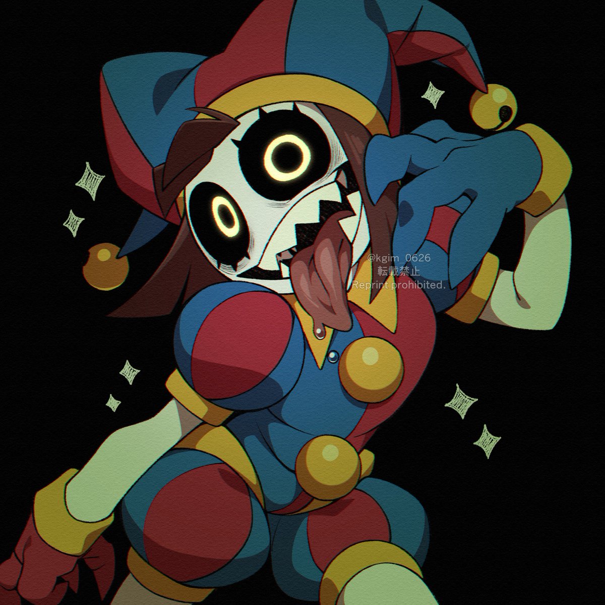 a digital drawing of a jester wearing a colorful jester costume with a creepy smile. the jester's eyes are glowing yellow. the background is black with sparkly sparkles. the jester is looking at the viewer. the jester appears to be a young woman.