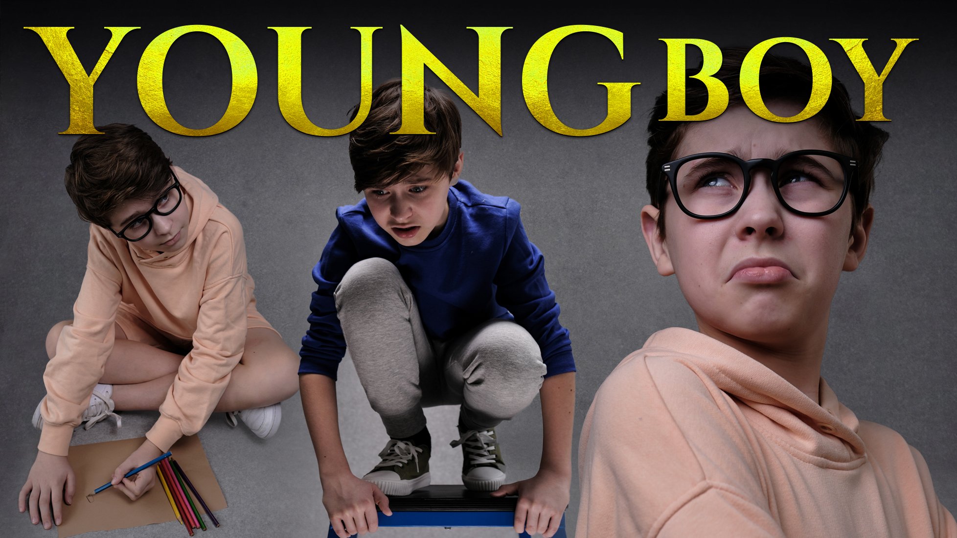 the image is a collage featuring three young boys.  the top of the image features the words "young boy" in large, gold, stylized lettering against a dark gray background. the first boy is sitting on the floor drawing with colored pencils. he's wearing glasses and a peachcolored hoodie. the second boy is squatting, appearing pensive, wearing a blue sweatshirt and gray sweatpants.  the third boy, also wearing glasses, is turned away from the camera, his expression showing slight displeasure, dressed in a peachcolored hoodie. the overall mood is somewhat somber and reflective. the boys are presented in a way that suggests the complexities and variety of emotions experienced by young people.