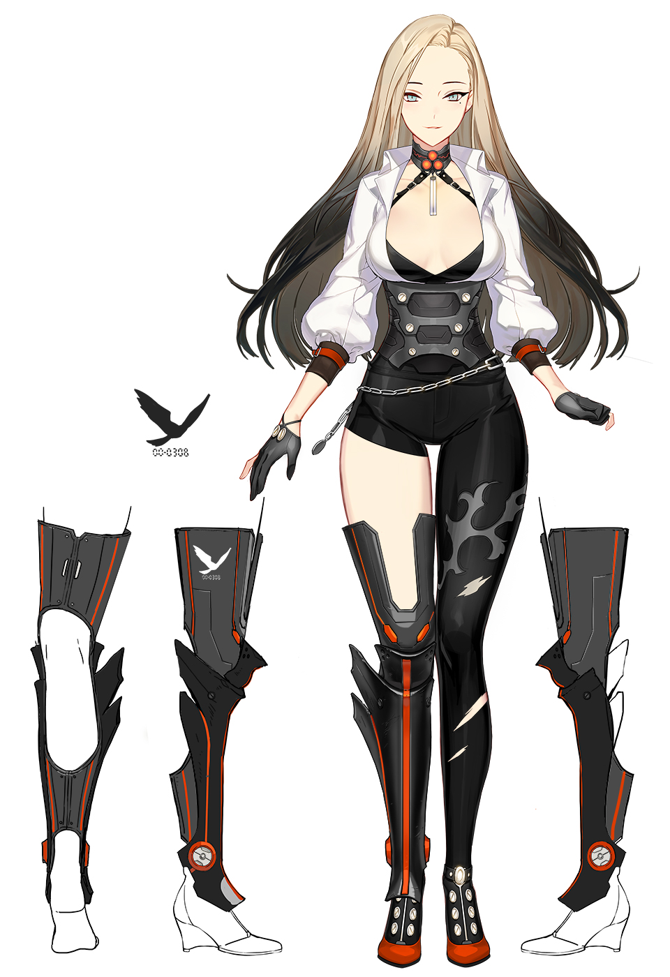 an anime character, a girl with long blonde hair, wearing a white top and black leggings, with black and orange futuristic boots. the boots are shown in different angles for detailed view.