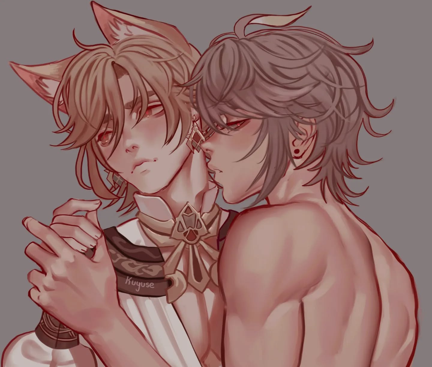 the image is a digital fanart depicting a tender and intimate scene between two animestyle male characters. one character, with blonde hair and foxlike ears, is embraced from behind by the other, whose hair is brown. the embracing character has a muscular build, with his back exposed.  the blondehaired character wears an ornate collar and upper garment. the overall style is soft and romantic, with muted, warm color tones creating a sense of closeness and affection. the artist's signature, "kuyuse," is subtly visible on the artwork. the scene suggests a romantic or intimate relationship between the two characters.