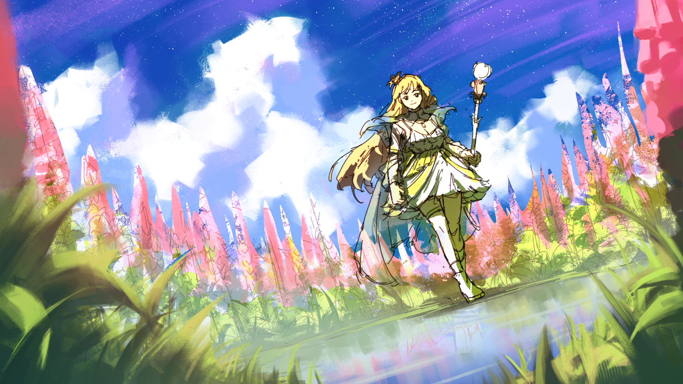 he image is a digital painting or illustration depicting a young animestyle girl in a flowing white and gold dress. she carries a staff topped with a glowing orb. she stands in a field of tall, vibrant pink and purple flowers that stretch to a reflective body of water. the sky is a clear blue with fluffy white clouds, and the overall atmosphere is serene and peaceful, evoking a feeling of fantasy and magic. the artistic style is loose and painterly, with visible brushstrokes and a blend of sharp and soft lines. the color palette is bright and cheerful, with a focus on pinks, purples, blues, and golds.