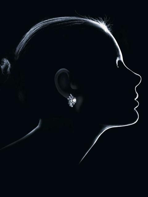 a woman's profile is shown in silhouette. her long dark hair flows over her shoulders, with only her ear and part of her face visible. she is wearing a diamond earring. the background is black and white.