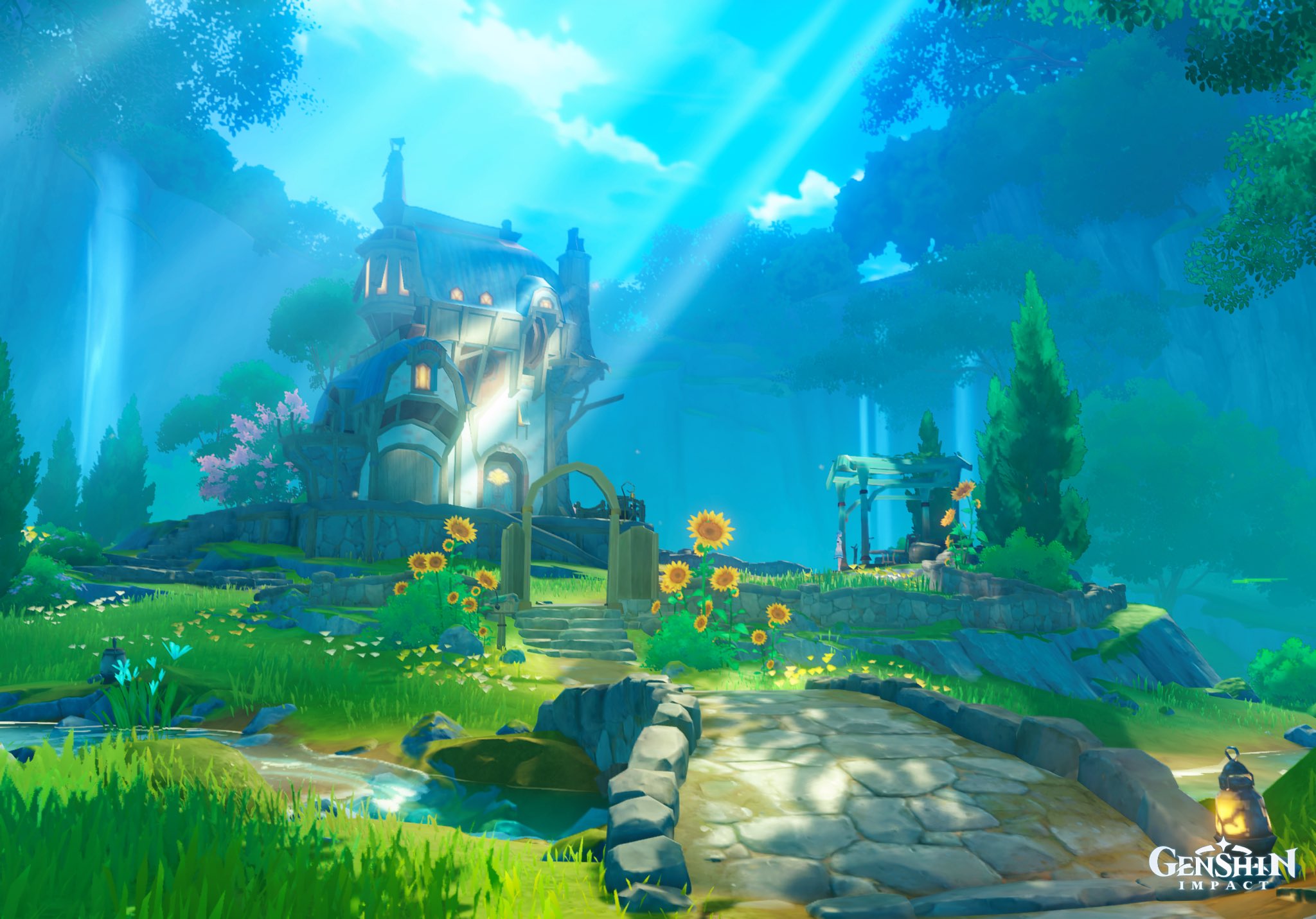 a picturesque scene from the video game genshin impact.  the image depicts a charming, whimsical cottage nestled within a lush, vibrant forest. sunflowers and other flowers bloom in the garden surrounding the house. a stone pathway leads to the cottage, crossing a small stream with a stone bridge.  sunlight streams through the trees, creating a bright, idyllic atmosphere. the overall aesthetic is fantastical and peaceful. the genshin impact logo is subtly displayed in the bottom right corner.
