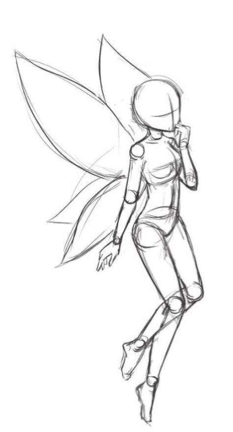 a simple line drawing of a fairy with wings. the drawing is a sketch and is not fully detailed.