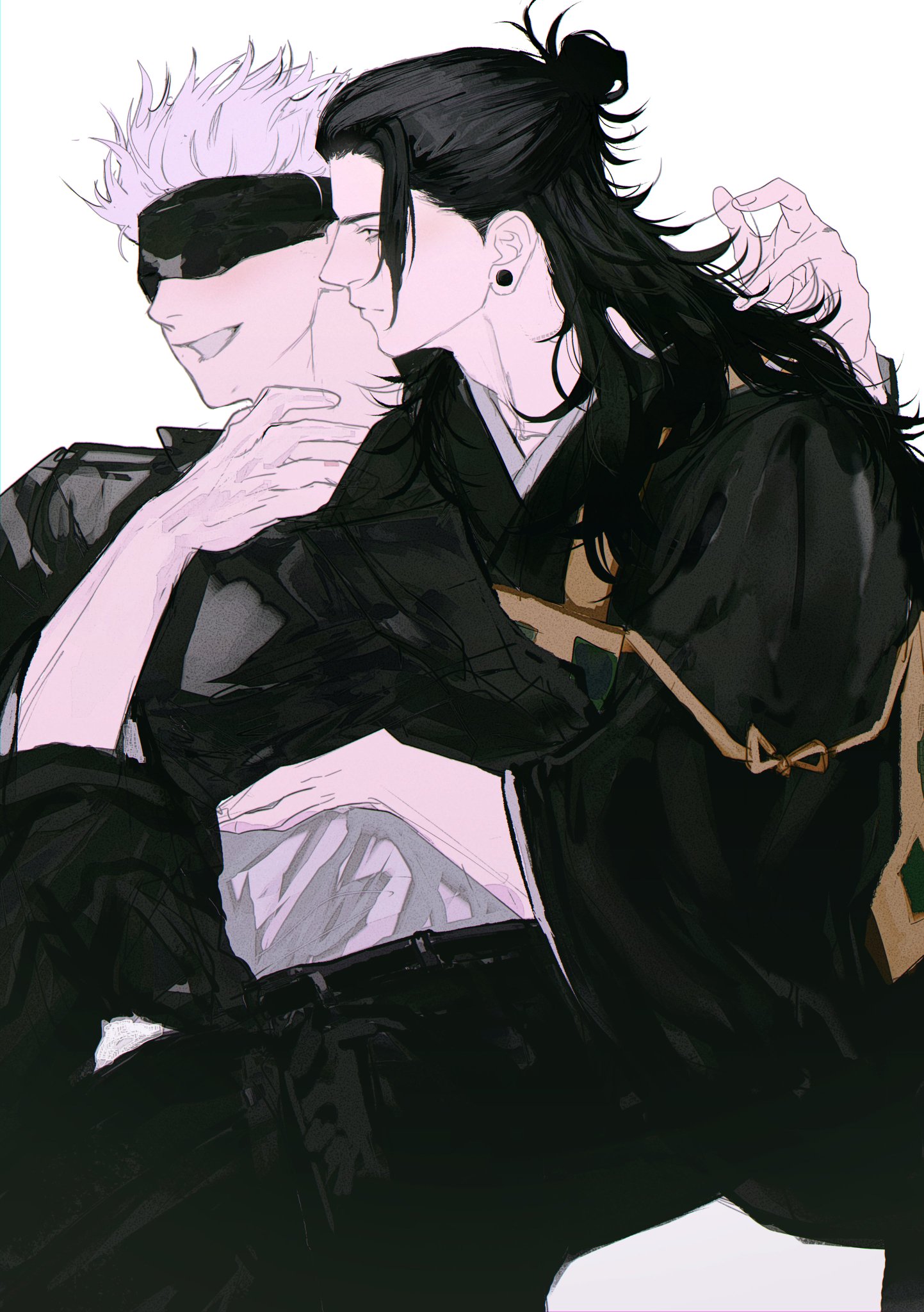 the image is a digital illustration of two anime boys. the boy on the left is whitehaired and wears a black jacket and a white shirt underneath. he is also wearing a black blindfold over his eyes. he has a slight smile on his face.  the boy on the right has black hair that is tied up into a ponytail, and he is wearing a black kimono with golden accents. his arms are wrapped around the whitehaired boy, who has his arm around the blackhaired boy's shoulders. the blackhaired boy is looking at the whitehaired boy. they both have a soft pink blush on their cheeks. the background is white with a slight pink hue. the style is anime.  the image is soft and romantic.