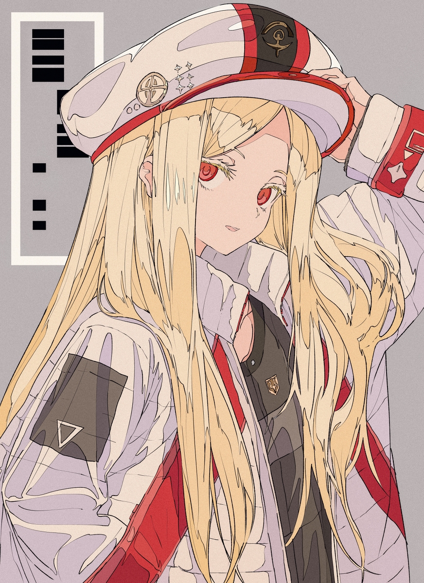 the image is a stylized illustration of an anime girl. she has long, flowing blonde hair and is wearing a white jacket with red accents.  the jacket has a distinctive design with geometric shapes and patches.  she's also wearing a white and red cap, which she's adjusting with one hand.  her eyes are a striking red, and her expression is soft and somewhat pensive. the art style is clean and slightly sketchy, with a muted color palette dominated by whites, reds, and pale yellows. there is a barcodelike element in the background. the overall impression is one of stylish casualness and a somewhat mysterious, enigmatic personality.