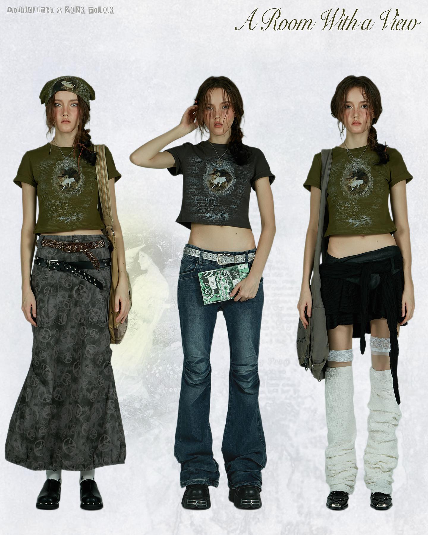the image showcases three female models dressed in similar vintageinspired outfits against a lightgrey background. each model wears a dark olive green cropped tshirt featuring a faded print, likely an illustration. the styling differs slightly for each model. model 1 wears a long, darkgrey, patterned skirt and ankle boots. model 2 is dressed in flared bellbottom jeans and ankle boots. model 3 wears a black mini skirt and white leg warmers.  all models are accessorized with headbands or bandanas, and each wears a bag. the overall aesthetic leans towards a vintage or grunge style. the title "a room with a view" is displayed prominently above the models.