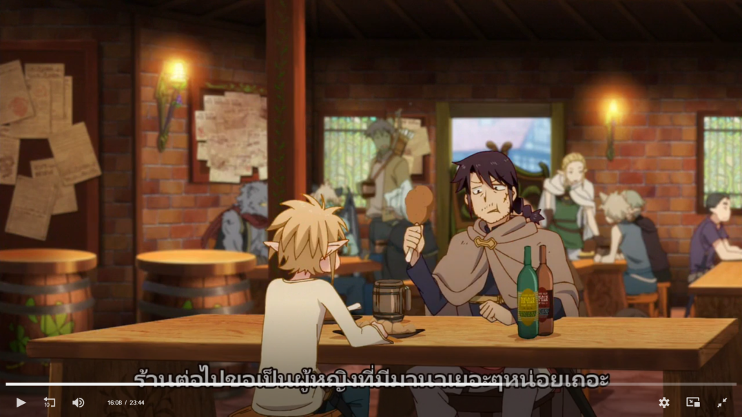 the image shows an anime scene taking place in a fantasy tavern or bar. there are several characters, both male and female, sitting at tables and interacting. two of the characters are in the foreground, with the one on the left being an elf, and the one on the right appears to be human.  the elf is wearing a lightcolored top, while the human is wearing a brown cloak. the human is holding a small piece of meat on a stick and appears to be eating it while talking to the elf. there are several other characters in the background, along with tables, chairs, and barrels. the scene has a medieval fantasy setting, with wooden architecture, and there are various objects like lanterns and posters.