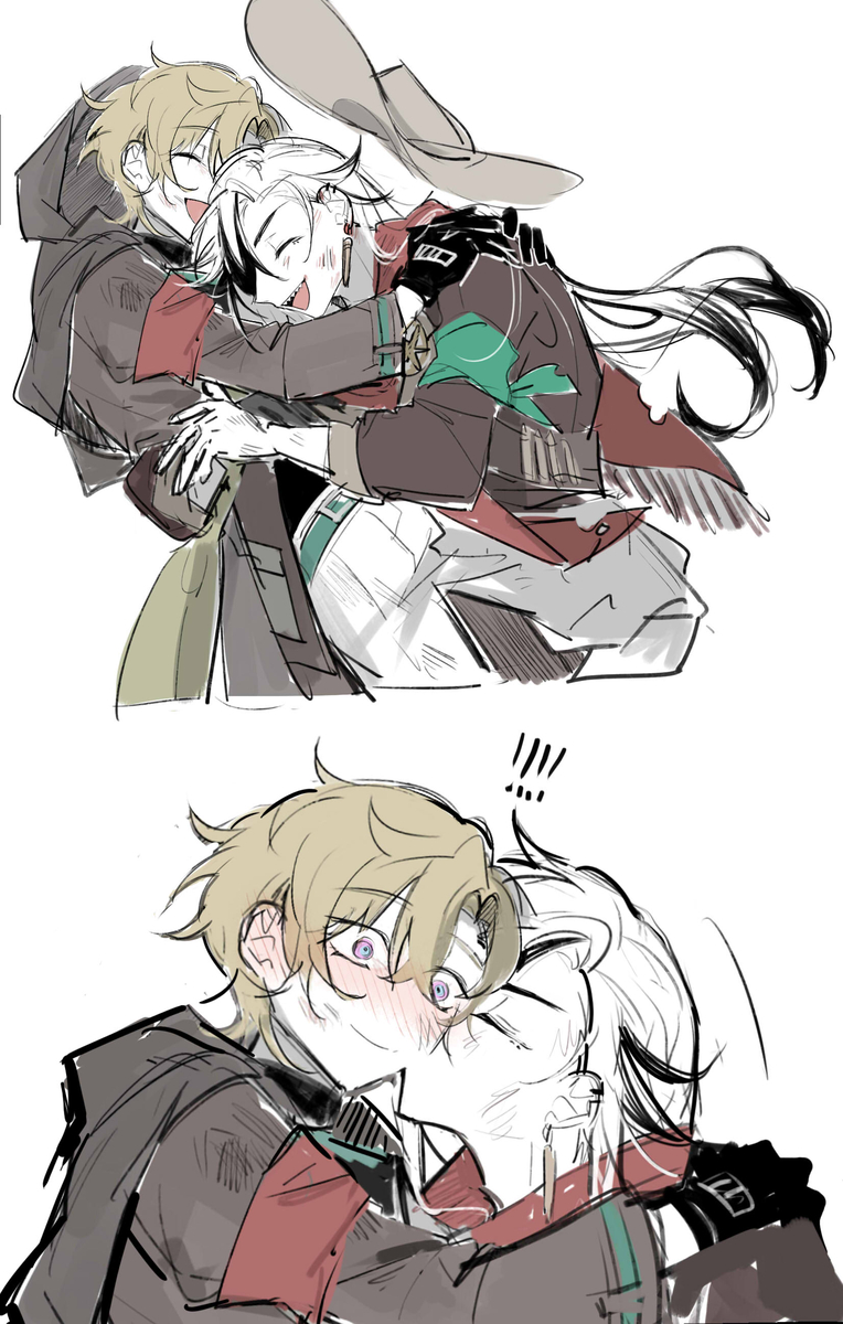 this is a digital illustration depicting an animestyle couple, both male, who are engaged in a loving embrace. the top panel shows the couple hugging, while the bottom panel shows the individual on the left leaning in for a kiss. both individuals are blushing and seem very happy with each other.  the art style is simple and charming, with a focus on capturing the emotion of the moment. the couple is surrounded by small, delicate details, such as hearts and flowers, which add to the overall sense of love and affection.