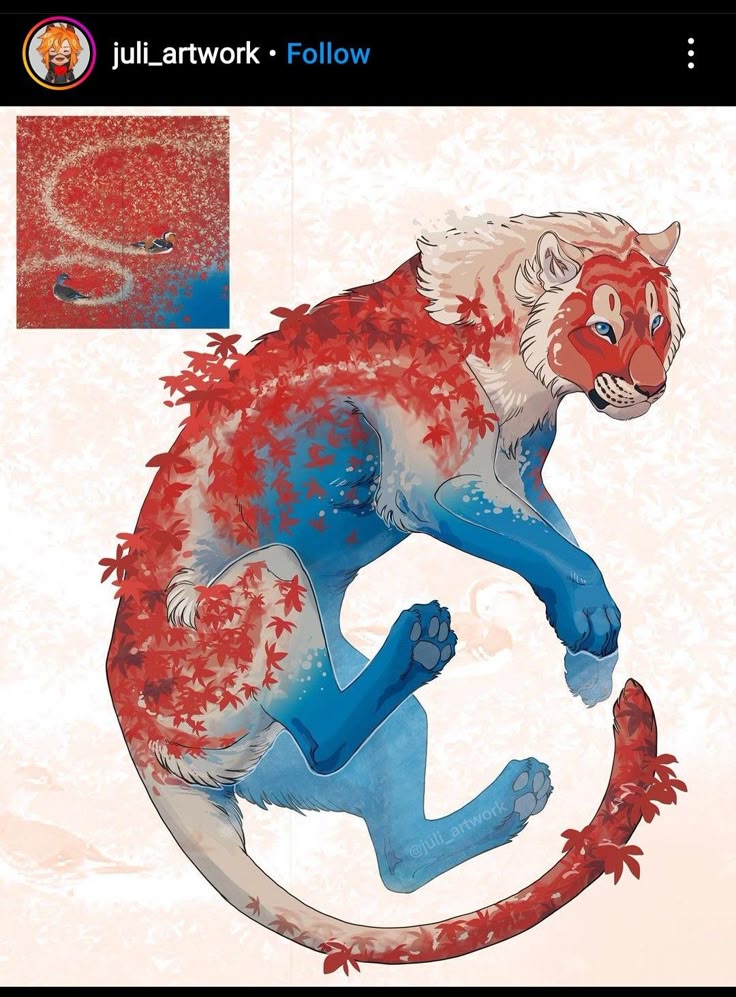 an artistic illustration depicting a tiger whose fur is colored with a gradient of red and blue, overlaid with red maple leaves. a small square image in the upper left shows waterfowl swimming on a pond covered in red leaves. the tiger is in a curled pose, with its tail wrapping around. the artwork is credited to juli_artwork.