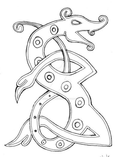 this is a black and white line art drawing of a dragon or serpent in a celtic knotwork style. the creature's body is elongated and intertwined, forming an intricate pattern with circular and spiral elements.