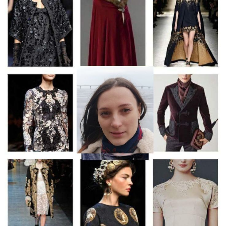 a collage of images showcasing various fashion trends, with nine images of different models displaying distinct styles.  the first row features a model in a black lace dress with a black cape. the second image shows a model wearing a long, red cape. the third image displays a woman in a black dress with a gold embroidered cape. the second row features a model in a black lace dress with floral embroidery. the second image shows a woman wearing a brown scarf over a white fur coat. the third image displays a man in a velvet blazer. the third row features a model in a gold embroidered coat over a white dress. the second image shows a woman wearing a black dress with gold embroidery. the third image displays a woman wearing a white dress with lace detailing.