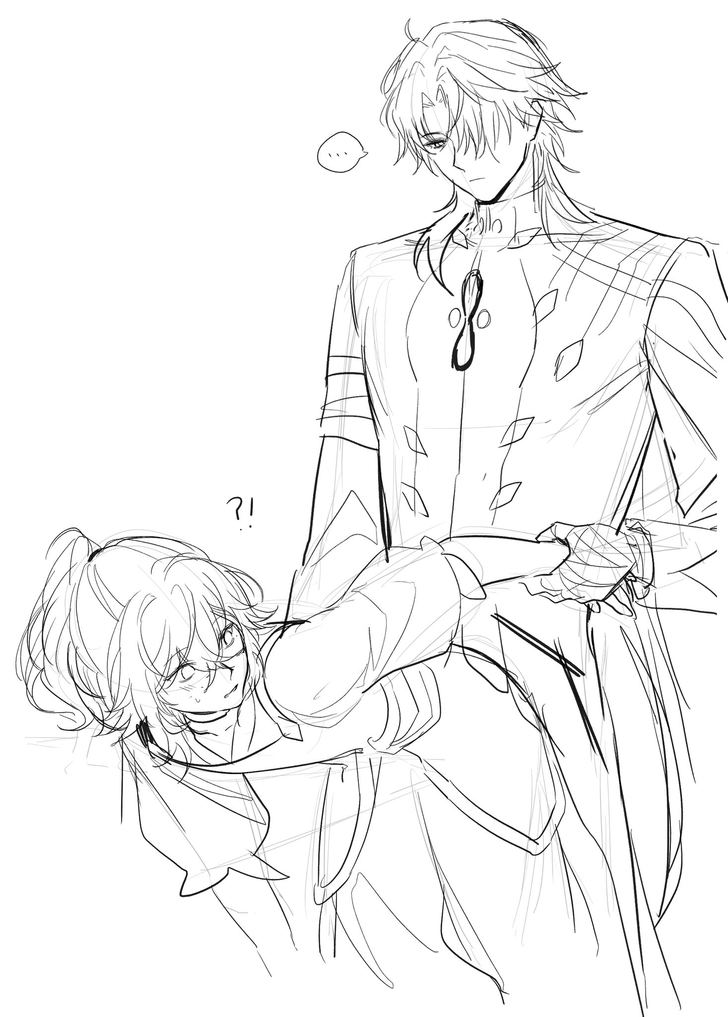 this is a drawing of two anime characters. one male and one female. the male character is taller and has a more serious expression. the female character is smaller and has a more playful expression. the characters are drawn in a sketchy style, with lines and curves. the image appears to be