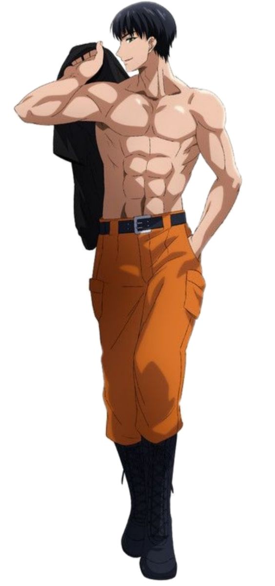 a shirtless muscular anime man in orange cargo pants, black boots, and a black belt is holding up a black jacket over his left shoulder. he appears to be staring and smirking at someone to his left.