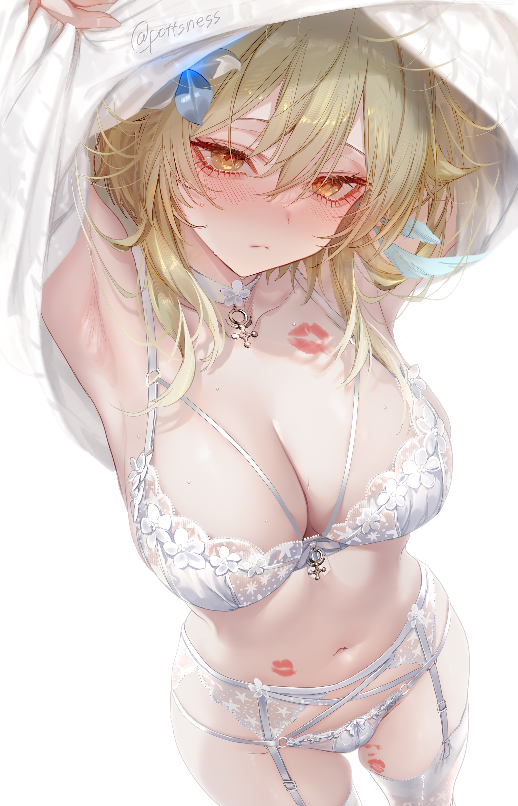 the image shows an animestyle girl with long blonde hair. she is wearing a white hooded cloak, and underneath, she is wearing a delicate white lace lingerie set consisting of a bra, panties, and garter belt.  she's blushing, and there are several red kiss marks on her body. the art style is soft and detailed, focusing on the character's cute and somewhat sensual features. the overall mood is romantic and suggestive.