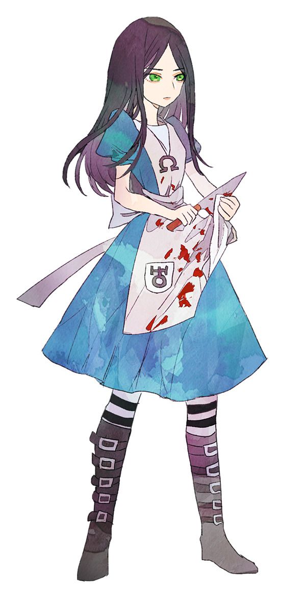 a drawing of alice from alice in wonderland, she is holding a bloody knife and her dress is stained with blood, she is wearing a white apron with a symbol, she is wearing blue and white striped socks and black boots, she is looking to the right.