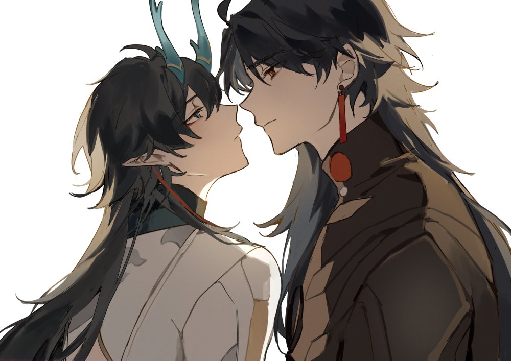 an anime style illustration of two men standing close to each other and looking into each other's eyes lovingly. the man on the left has long black hair and blue and green horns, the man on the right has long black hair with grey streaks. they both have red earrings on their right ear. the man on the right is wearing a dark brown jacket with a red circle around his neck.  the man on the left has long black hair and is wearing a white shirt. they are both drawn with delicate features and soft coloring, creating a tender and romantic atmosphere. the background is plain white, which makes the characters stand out.