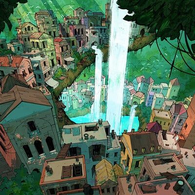 the illustration showcases a picturesque town nestled within a jungle. buildings with varying architectural styles, painted in pastel hues, are constructed along the edges of a deep chasm. a majestic waterfall cascades down its center, creating a river that flows through the town. lush greenery and towering trees surround the settlement, further emphasizing its integration with nature.