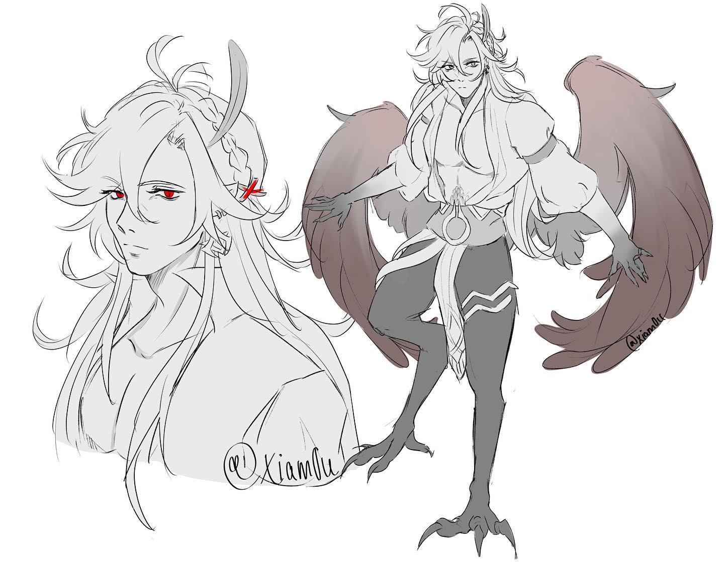 the image presents a digital drawing, possibly fanart, showcasing a male character with long, flowing white hair and large, reddishbrown wings, suggesting an avian or birdlike creature.  the style blends anime and manga influences. the drawing is primarily grayscale, but the wings have a subtle wash of color. the character is depicted in two perspectives; a closeup headandshoulders portrait showing expressive red eyes and a more complete fullbody pose showing a muscular physique and clawed feet. the artist's signature or handle is visible in both parts of the drawing.  the overall aesthetic is elegant and fantastical.