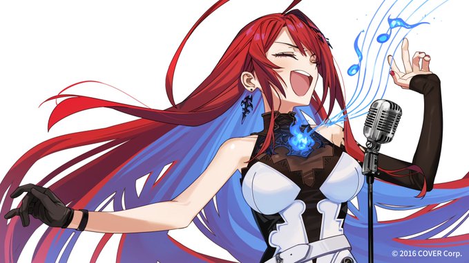 a redhaired anime girl is singing into a microphone. she's wearing a white and black dress and has a blue flame on her chest. she's smiling and her eyes are closed.