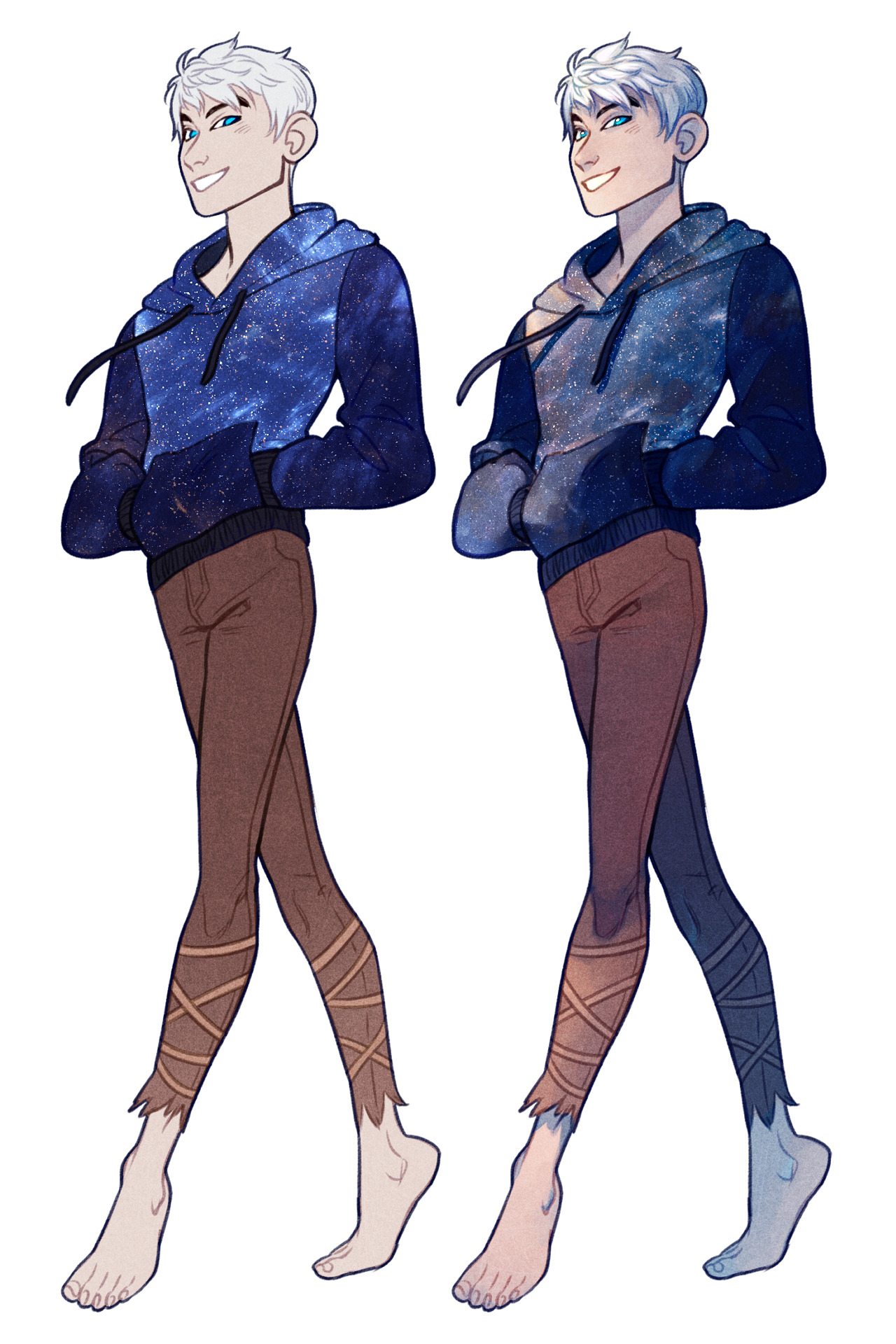the image shows two versions of the same character design of jack frost from rise of the guardians. he is wearing a blue galaxy print hoodie, brown pants, and his signature bare feet. the design on the right is colored in a limited, desaturated palette with visible line art, while the one on the left is fully rendered.