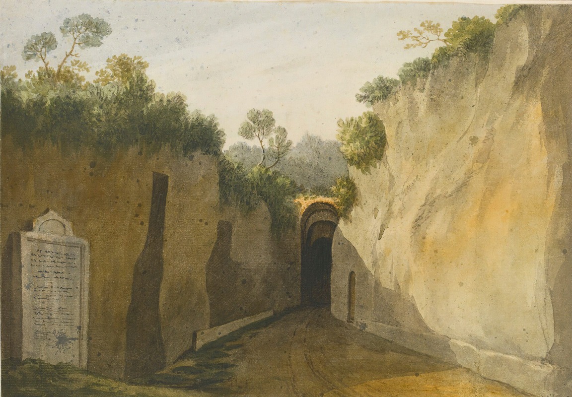a watercolor painting depicts a road leading into a tunnel, flanked by tall cliffs. the cliffs are topped with trees and foliage. a tombstone stands on the left side of the road.