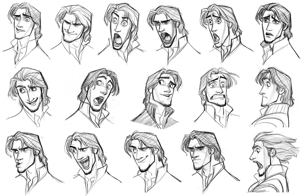 this image showcases a collection of pencil sketches depicting various facial expressions of eugene fitzherbert, also known as flynn rider, from the disney film tangled.  the sketches are detailed and expressive, illustrating a wide range of emotions.  they appear to be concept art or character studies created during the animation process. each sketch is a closeup of eugene's head and shoulders, highlighting the nuances in his features to convey different moods and reactions.  the style is consistent with disney's animation aesthetic.