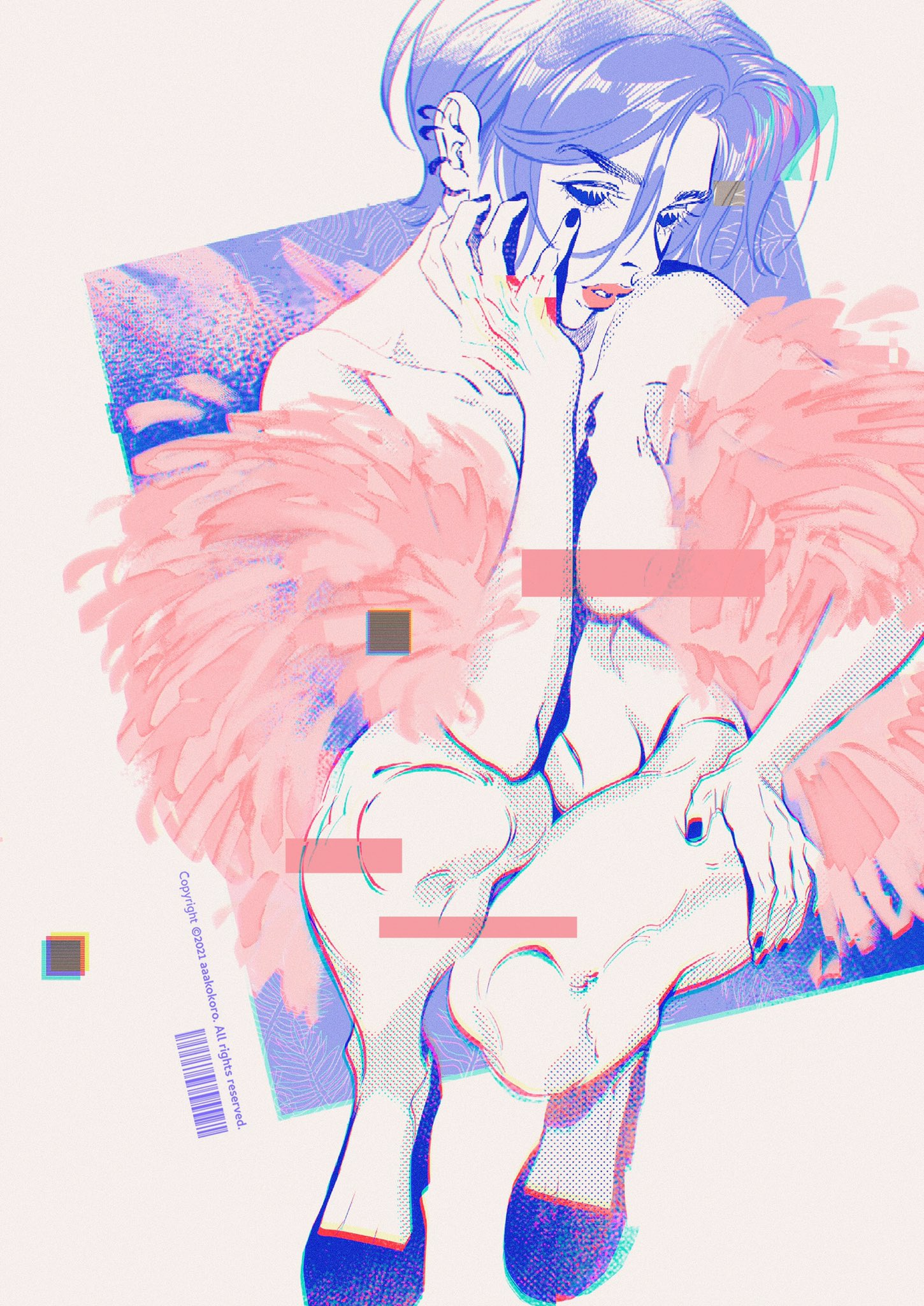 the image is a digital illustration of a woman in a pink feathered outfit. she is sitting with her legs crossed, and her hands are placed near her face. the woman's eyes are closed and her mouth is slightly open, as if she is lost in thought or deep in contemplation. the illustration is done in a bold, expressive style and is filled with interesting color choices and textures. the overall mood of the piece is sultry and dreamy, creating a sense of mystery and intrigue. the image could be interpreted as a celebration of female beauty and power, with a strong emphasis on selfexpression and individuality.