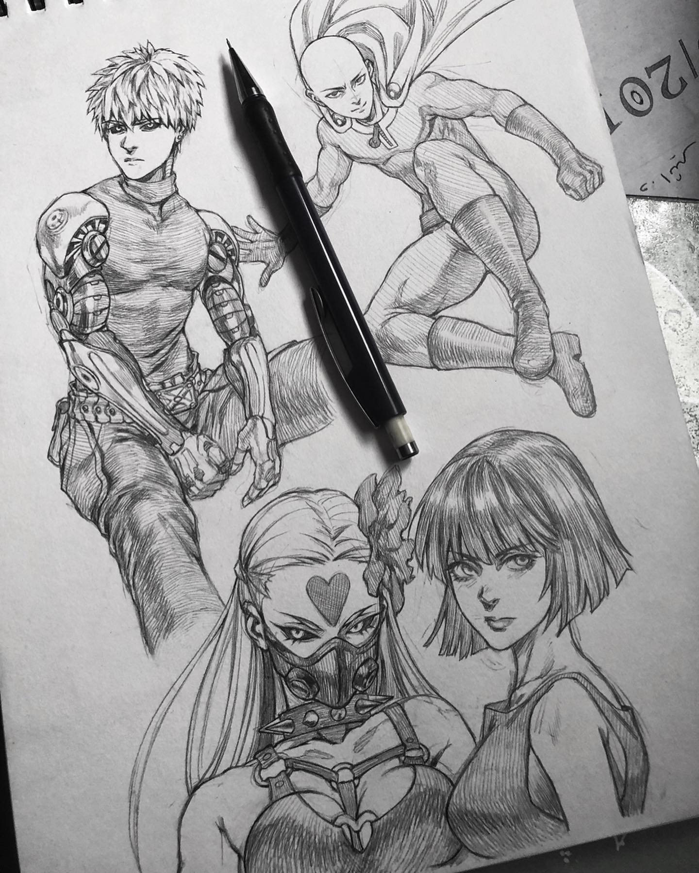 a sketch of four anime characters. the top character is a superhero wearing a cape and with a serious facial expression. below him is a male character, wearing a black suit and gloves, and with a serious face. on the bottom right is a girl with straight black hair and a serious expression. finally, on the bottom left is a female character wearing a mask and with a serious expression. all the characters are drawn in pencil on a white paper.  a pencil is also in the image, lying diagonally across the page.