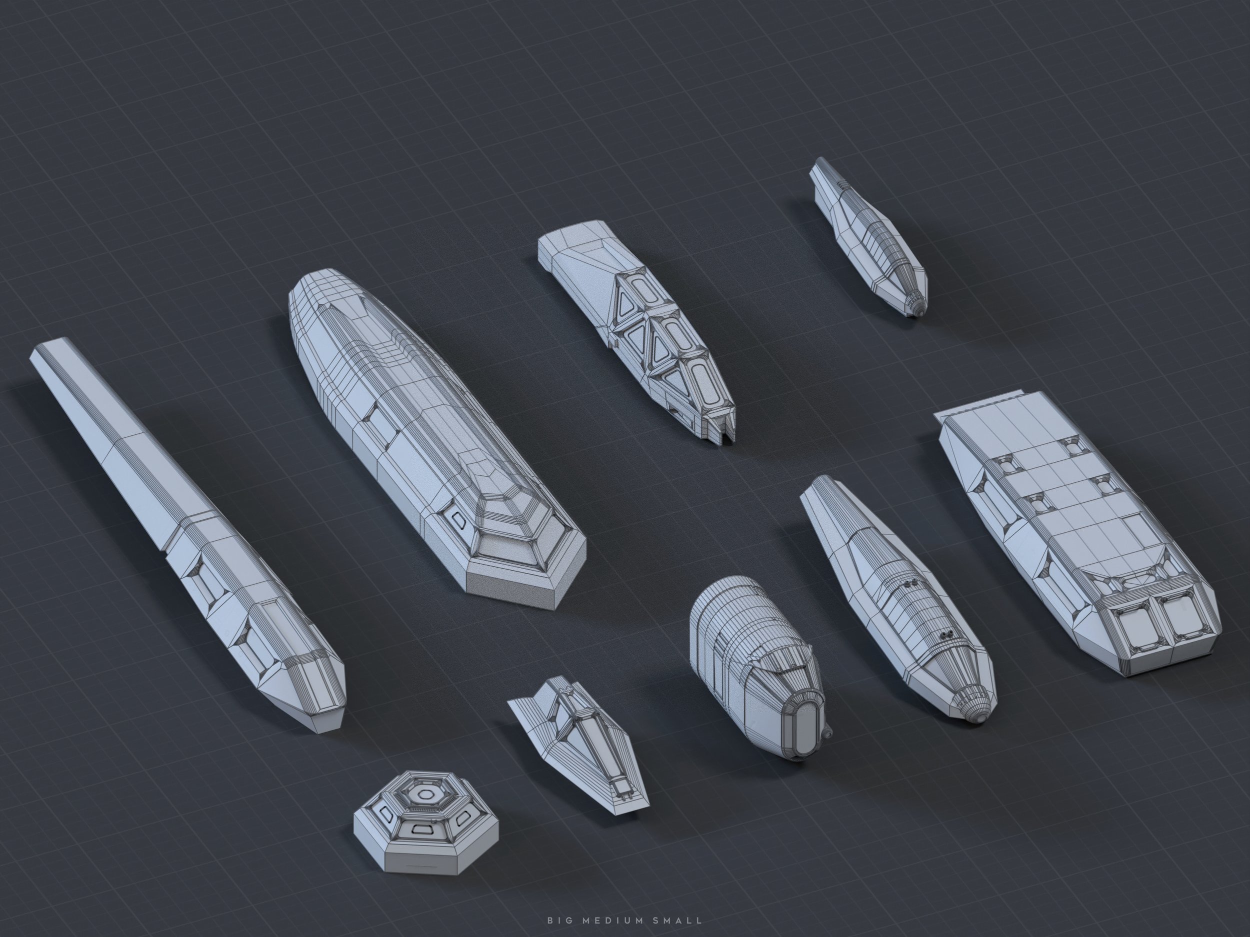 the image shows a collection of ten 3d models of futuristic spaceships in wireframe render.  they vary in size, with labels indicating "big," "medium," and "small" sizes, suggesting they are assets for a video game or similar application. the models are presented against a dark gray background, allowing the wireframes to be clearly visible. the style is clean and highly stylized.